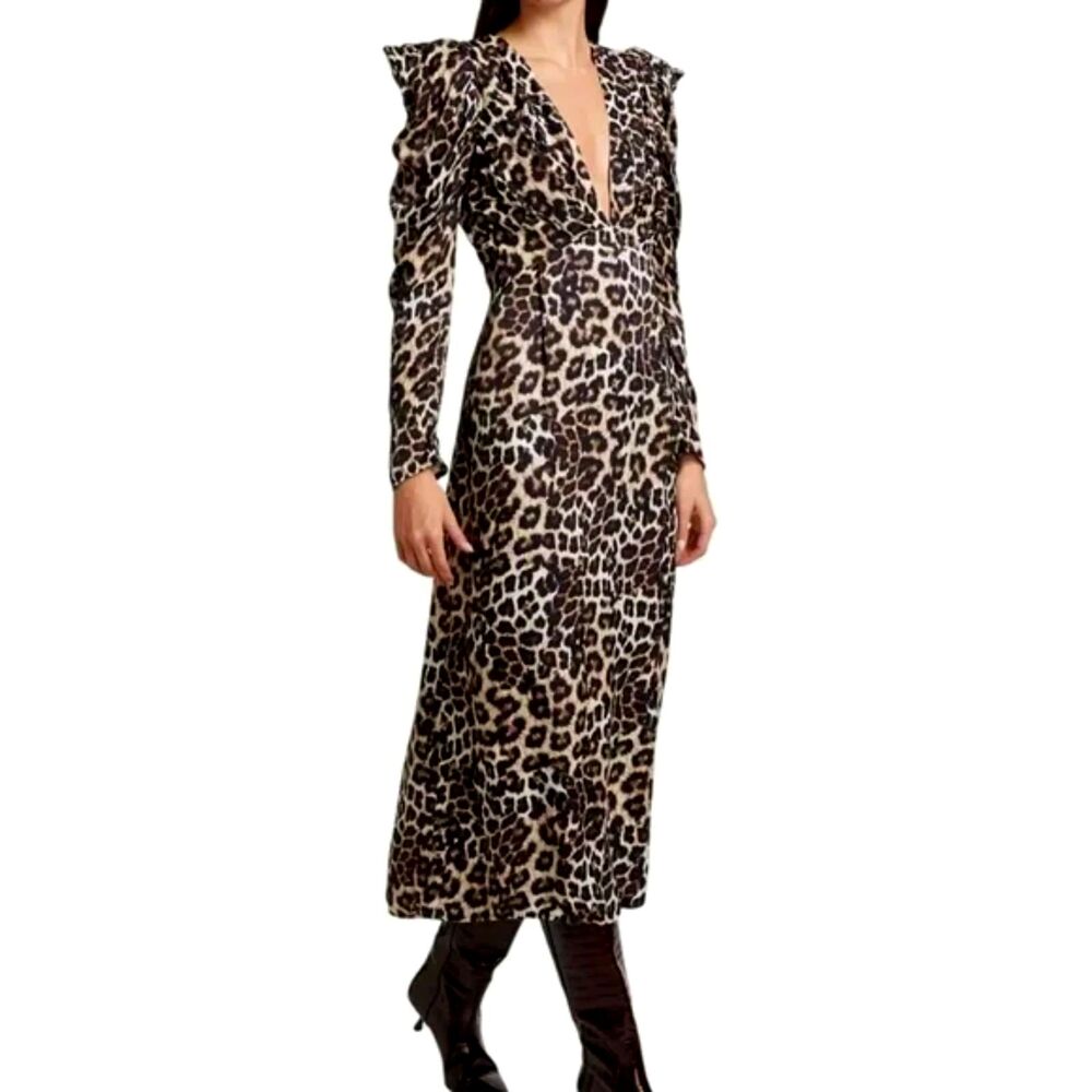 Farm Rio Leopard Print Maxi Dress XS | Long Sleeve Ruffle Boho Statement NWT